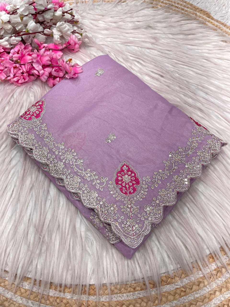 New Designer Blooming Chocolate Silk Saree With Multi Embroidery work - Pastel Purple