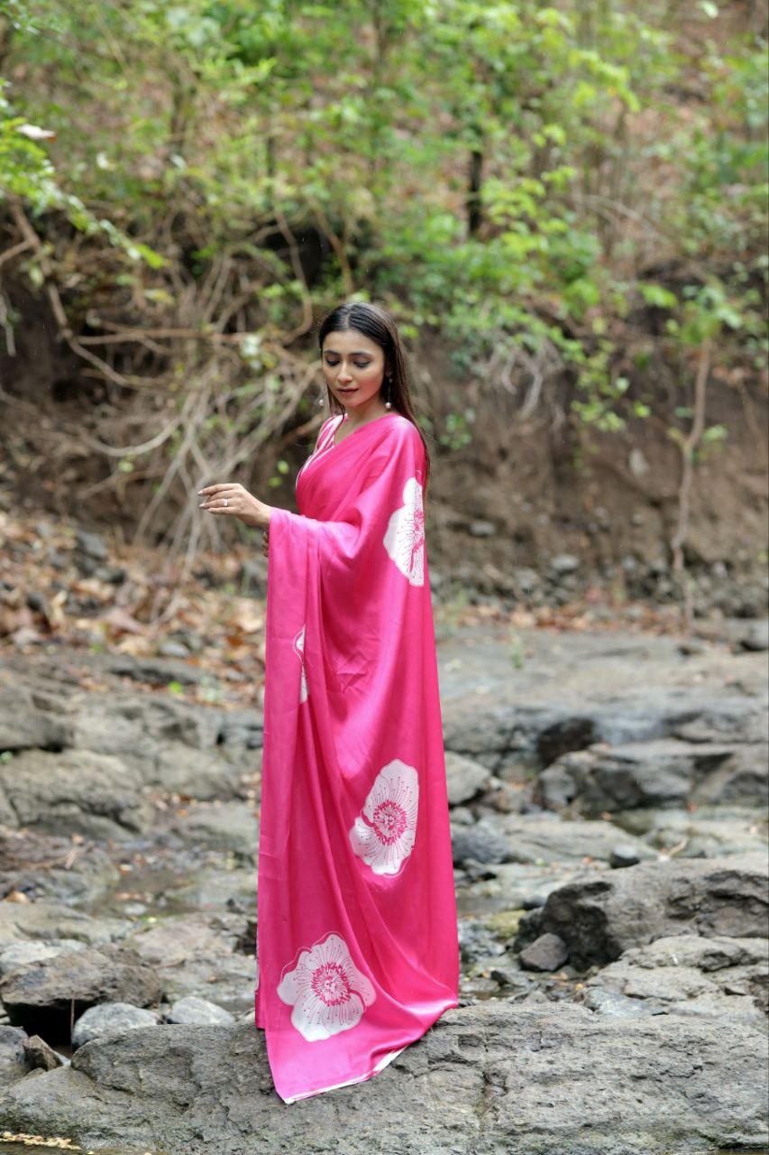 New Designer Original Japan Satin Flower Printed Pink Saree With Digital Printed Unstiched Blouse Piece