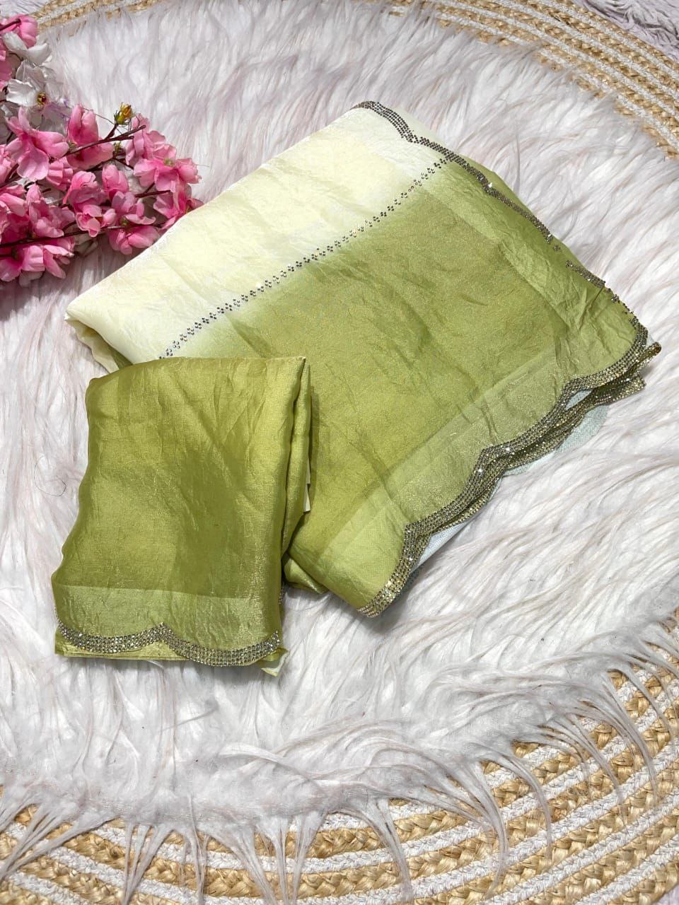 New Designer Fandy Sattin Panding Saree With Jarkhan Work - Mehendi Green