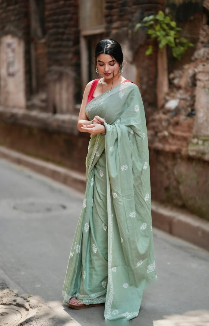 New One Minute Ready To Wear  Pure Soft Mul Cotton Silk Saree With  Pocket Along With Running Unstiched Blouse Piece