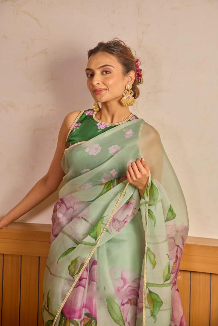 New One Minute Ready To Wear Soft Organza Silk Pastel Green Saree with Beautiful Hand Worked katdana And moti Work With Same Handworked Stiched Blouse