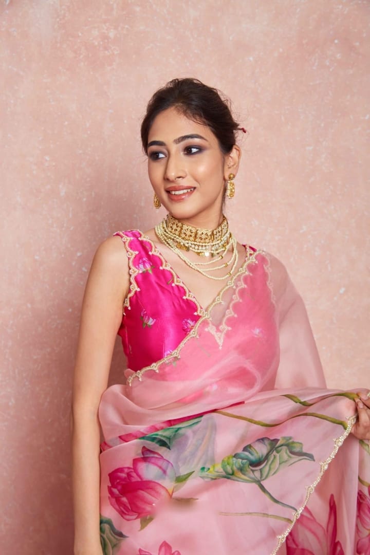 New One Minute Ready To Wear Soft Organza Silk Pink Saree with Beautiful Hand Worked Moti  And Val Work With Same Handworked Stiched Blouse