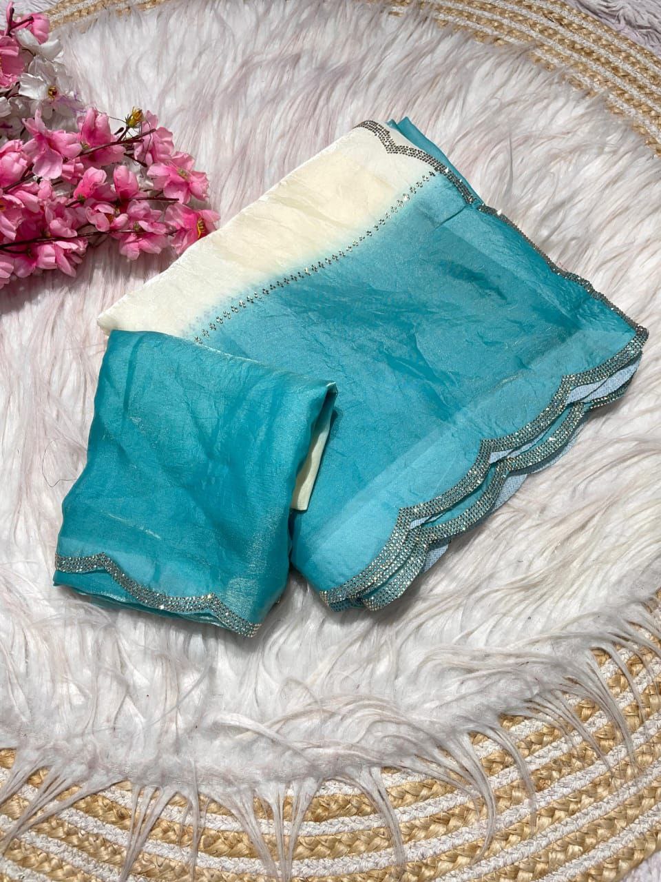 New Designer Fandy Sattin Panding Saree With Jarkhan Work - Ocean Blue