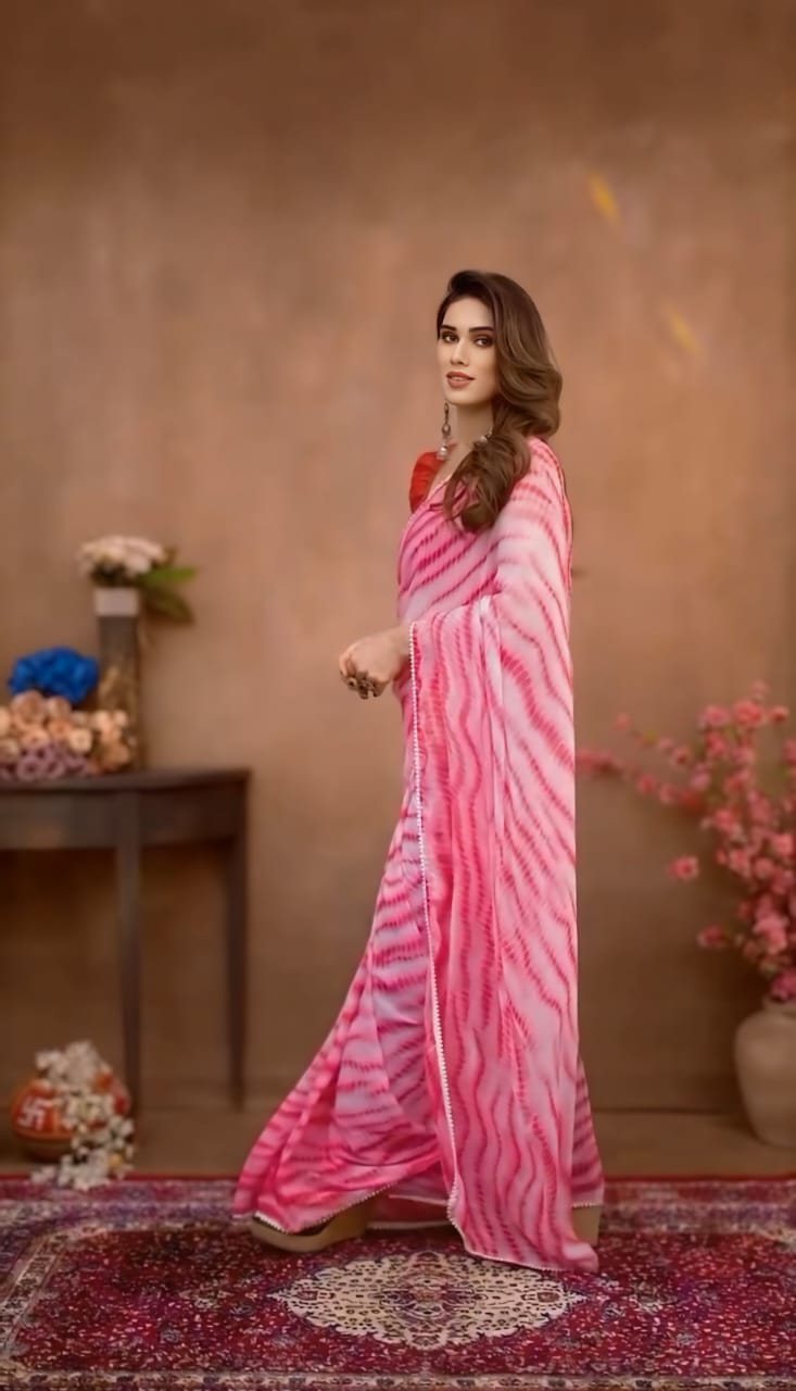 New One Minute Ready To Wear Laheriya Printed Pure Soft Georgette Silk Pink Saree Along With Embroidery Unstiched Blouse Piece