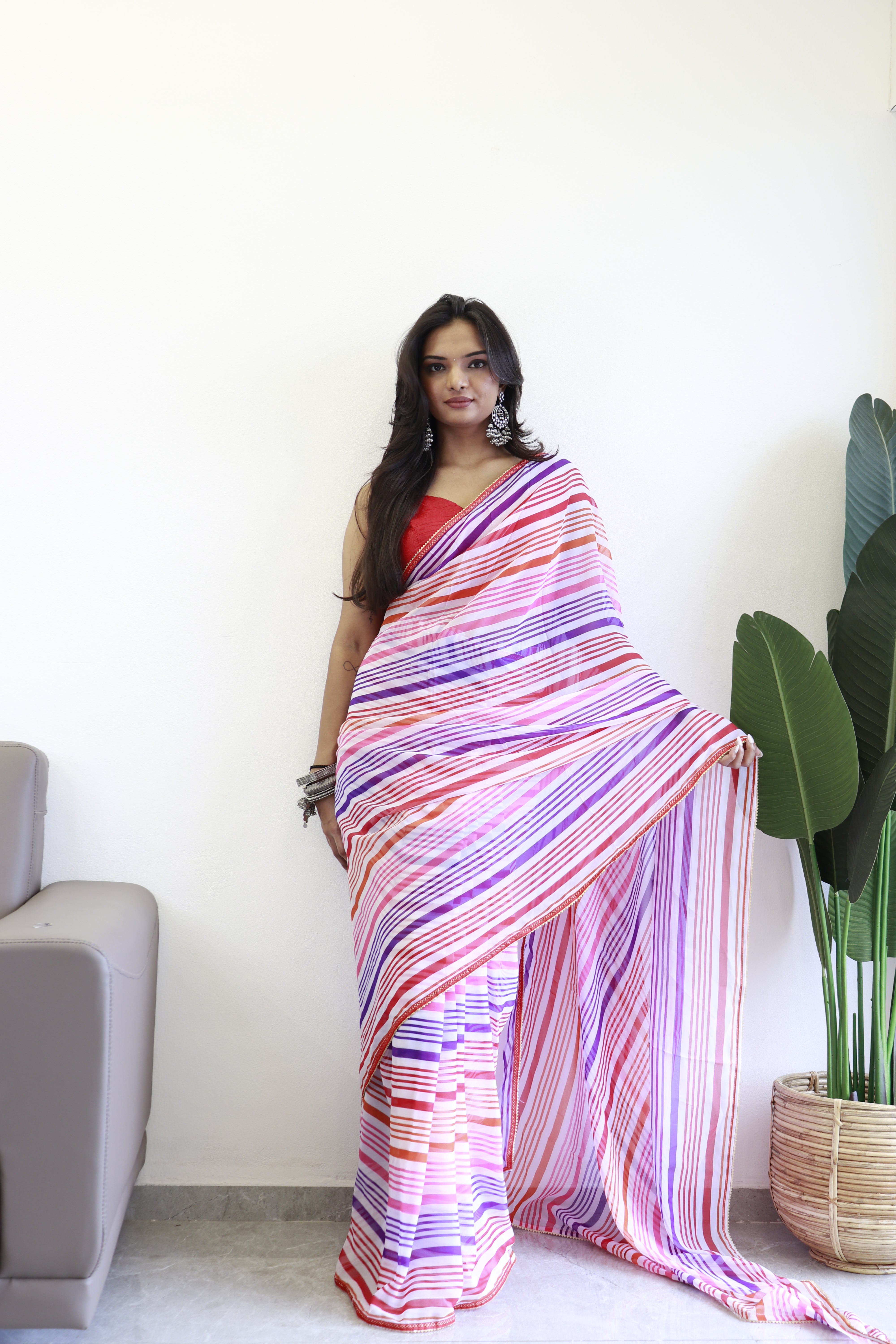 New One Minute Ready Wear Pink Multicolor Strip Saree