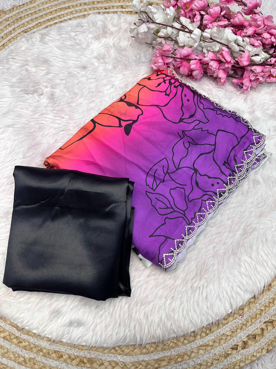 New Designer Bollywood Style Digital Printed Purple & Orange Shade Soft Sattin Georgette Saree