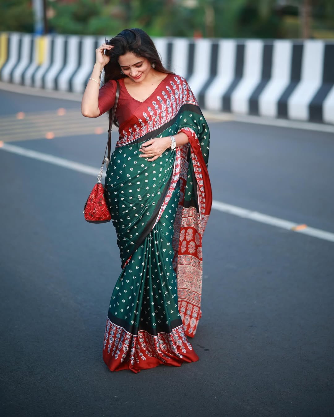New One Minute Ready To Wear Digital Printed Crape Silk Green-Red Saree