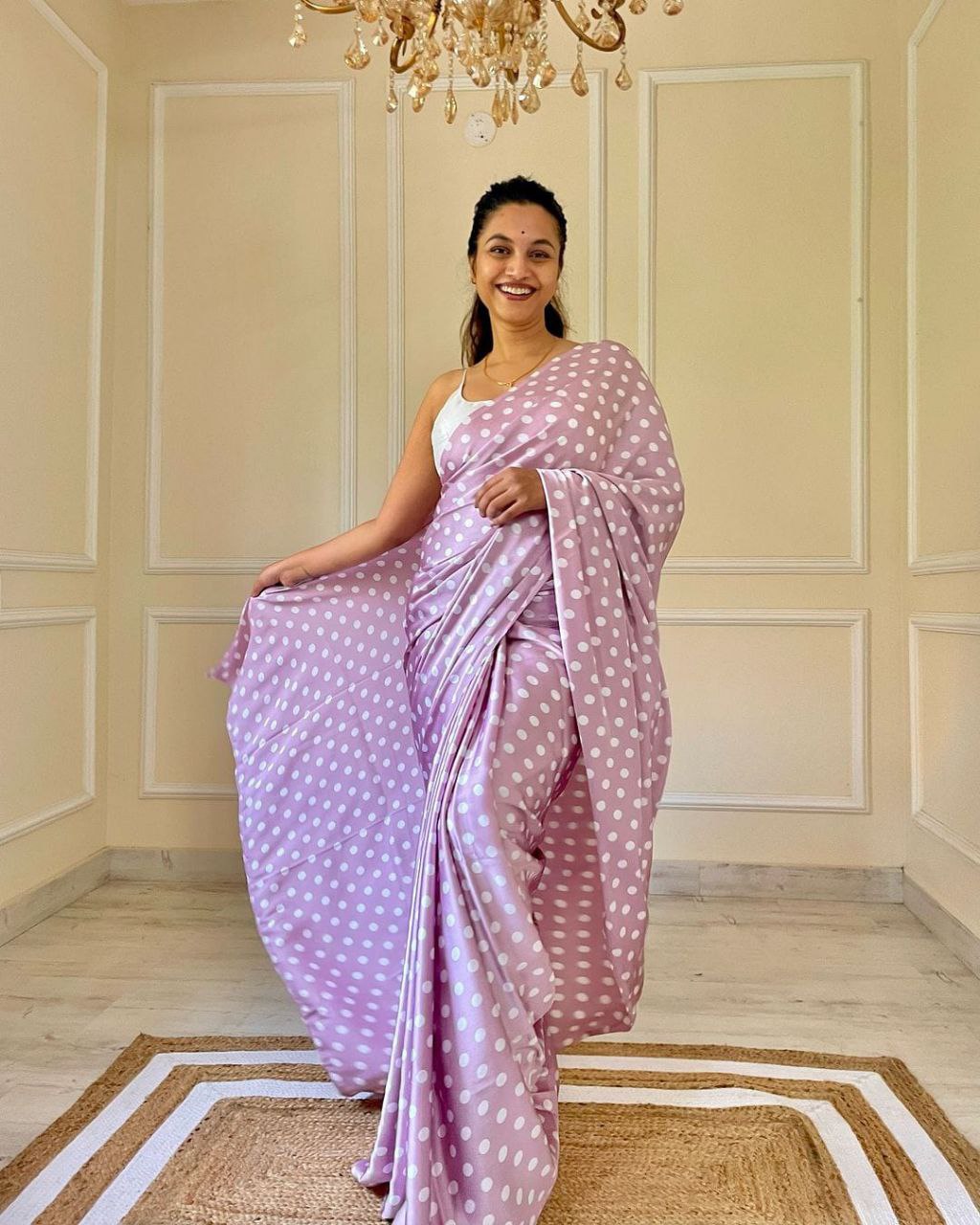 New Designer Original Japan Satin Polka dotted Light Purple Saree With Digital Printed Unstiched Blouse Piece