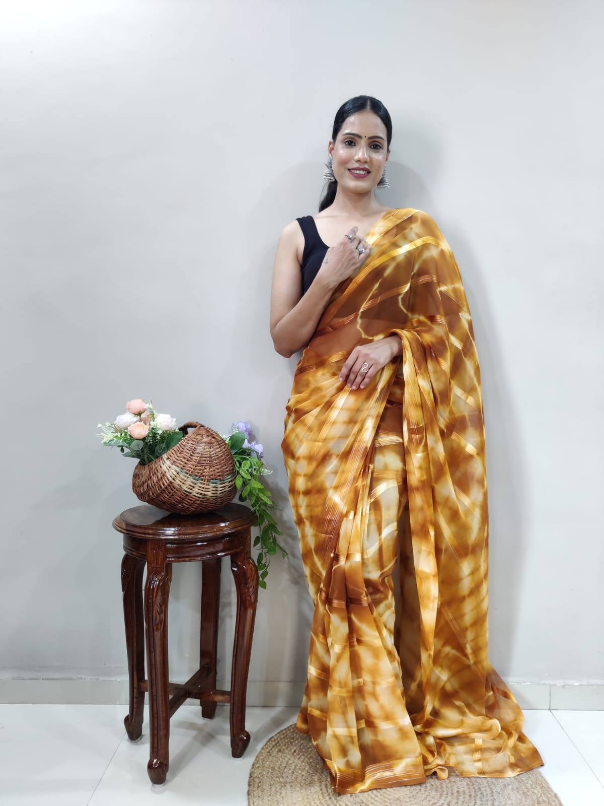 New One Minute Ready Wear Yellow Bandhani Georgette Saree