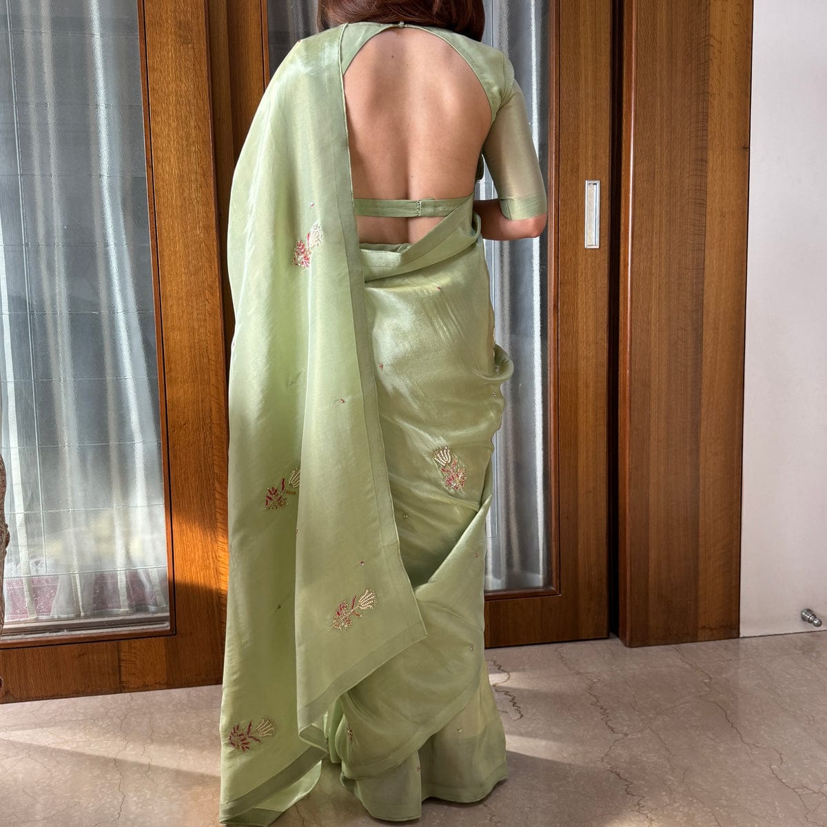 New One Minute Ready To Wear Pure Soft Malai Satin Silk Saree With Beautiful Hand worked Flower with Same Model Patern Stiched Blouse