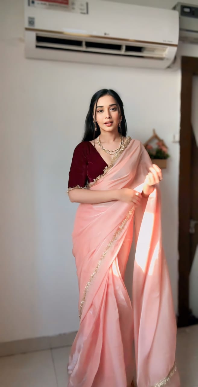 New One Minute Ready Wear Peach Organza Saree