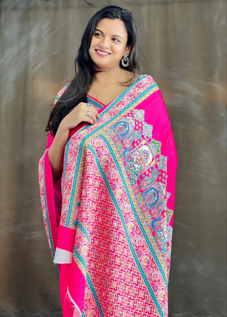 New Designer Premium Ajrakh Printed Pink Satin Saree