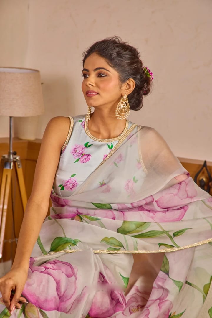 New One Minute Ready To Wear Soft Organza Silk Grey Saree with Beautiful Hand Worked Moti  And Val Work With Same Handworked Stiched Blouse