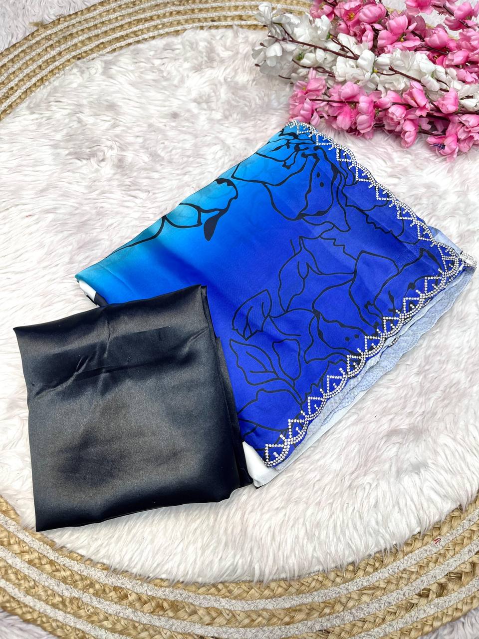 New Designer Bollywood Style Digital Printed Dual Blue Shade Soft Sattin Georgette Saree