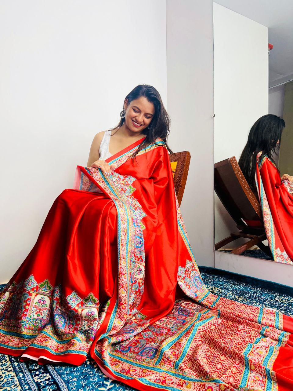 New Designer Premium Ajrakh Printed Red Satin Saree