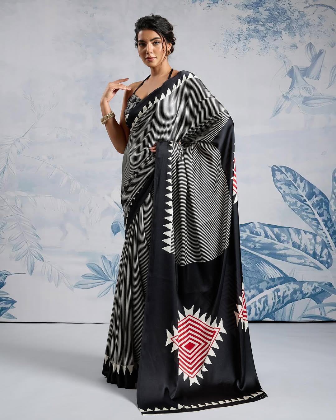 New One Minute Ready To Wear Digital Printed Crape Silk Black Saree