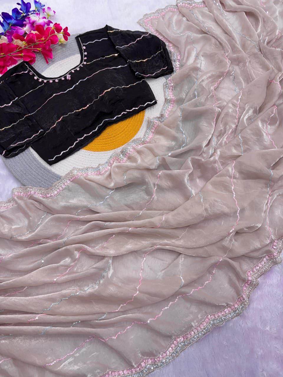 New Designer Fandy Sattin Saree With Brits Work - Pinkish Brown