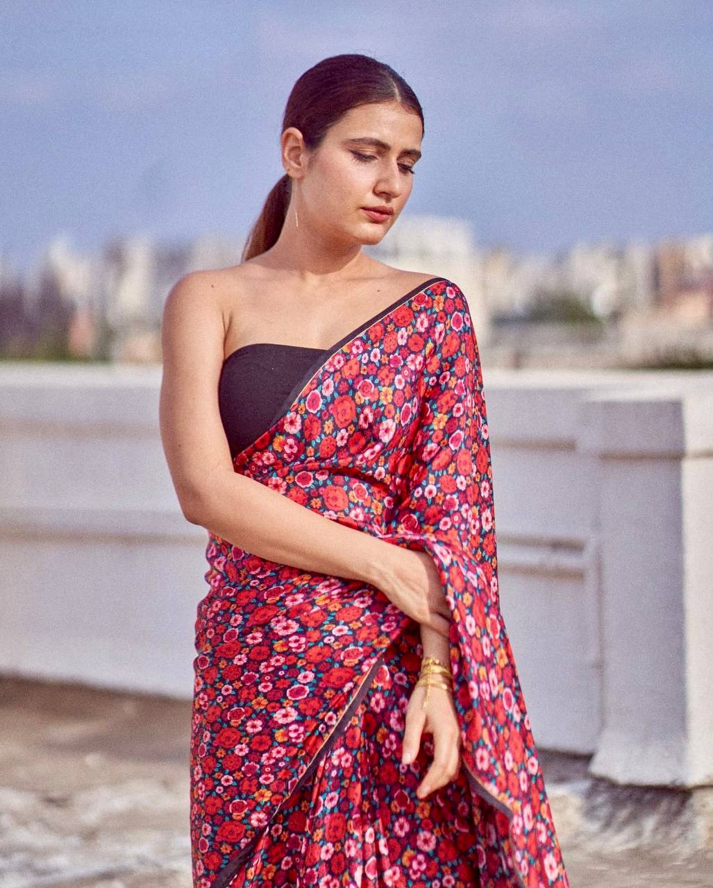 New Designer Original Japan Satin Flower Printed Saree