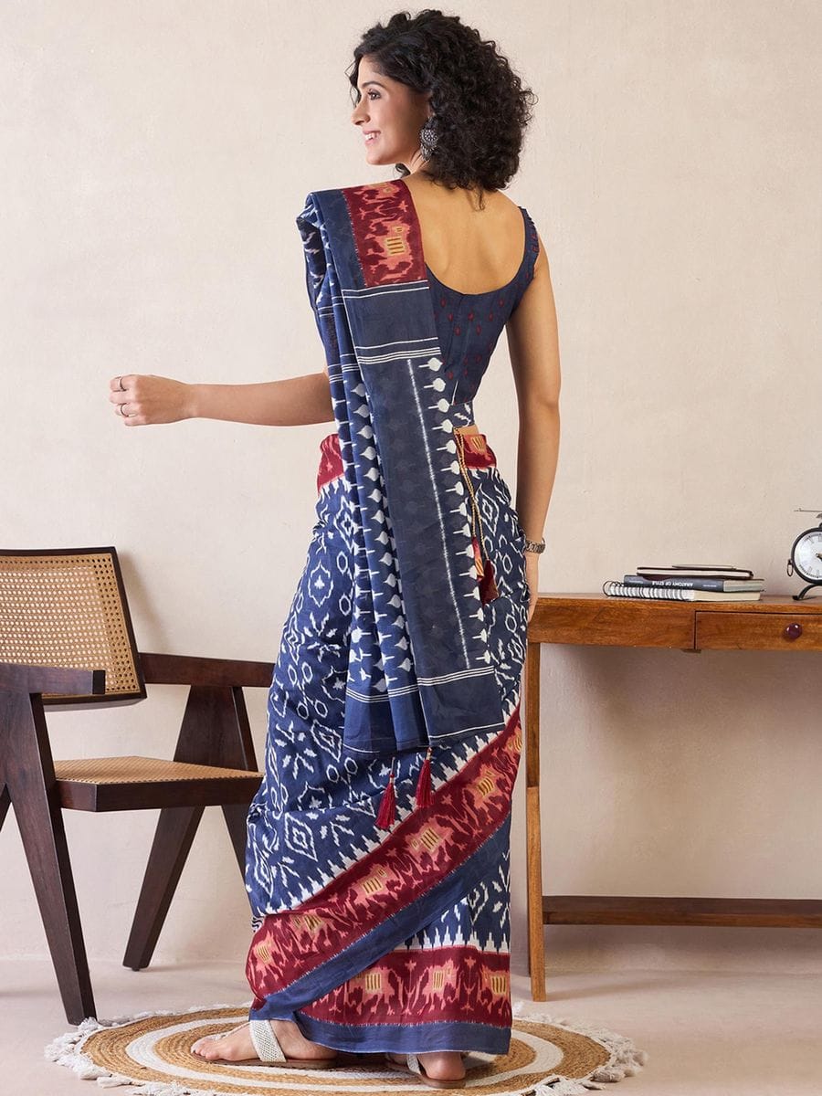 New One Minute Ready To Wear Flower Designed Pure Soft Mul Cotton Silk Navy Blue Saree With  Pocket Along With Same Model  Unstiched Blouse Piece