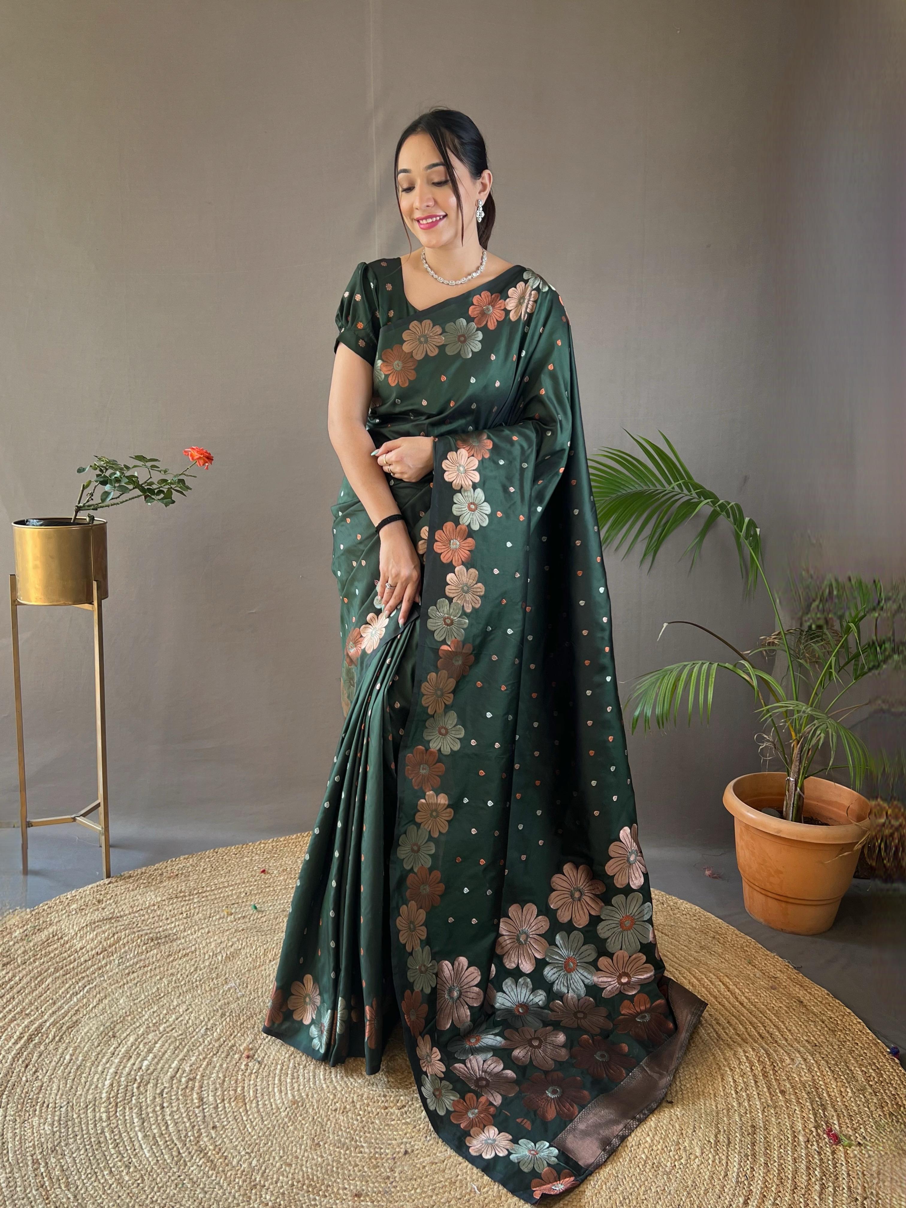 New Designer Pure Soft Silk Dark Green Saree With Copper and Gold Weaving All Over Saree With Running Unstiched Blouse Piece