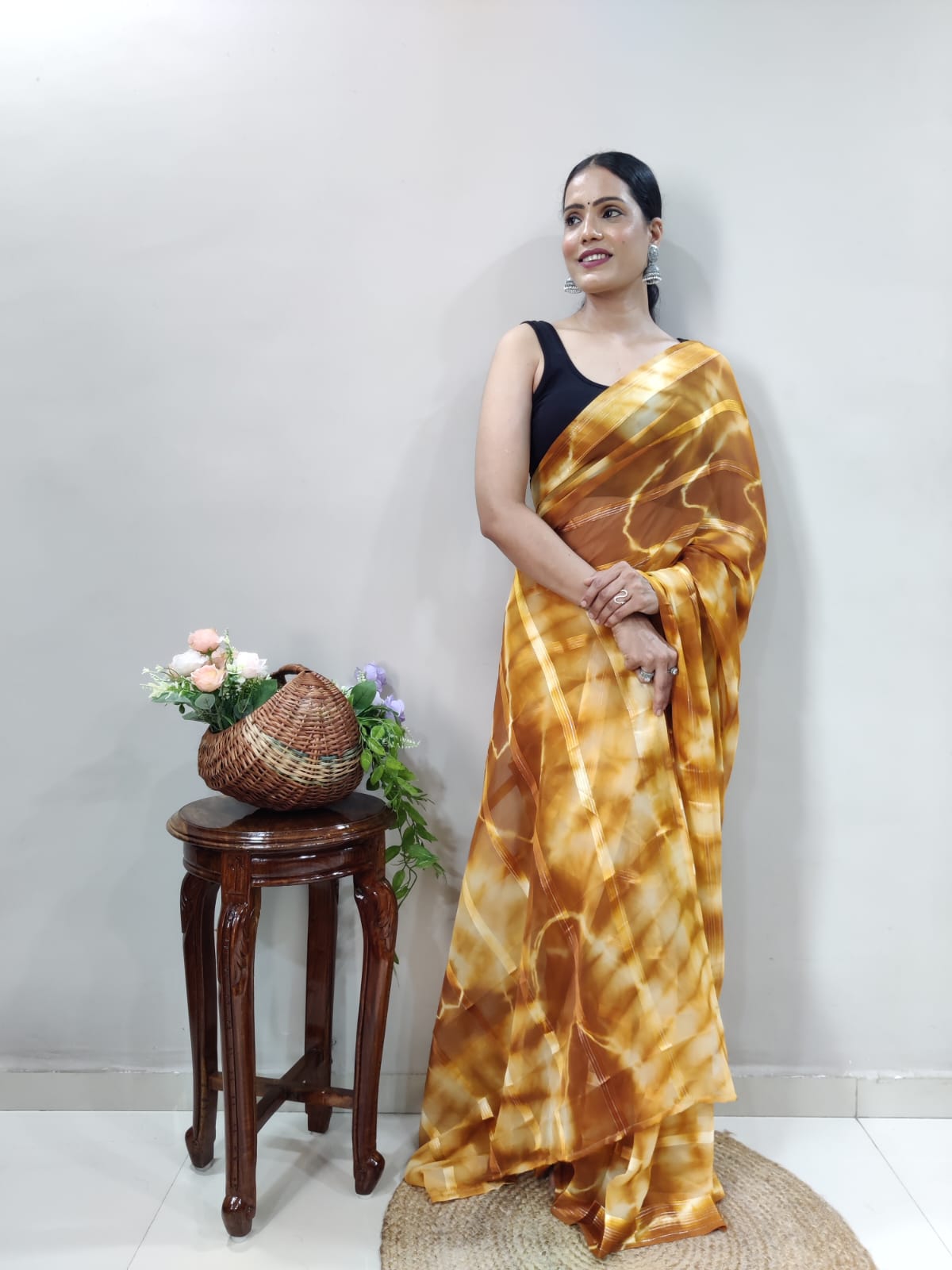 New One Minute Ready Wear Yellow Bandhani Georgette Saree