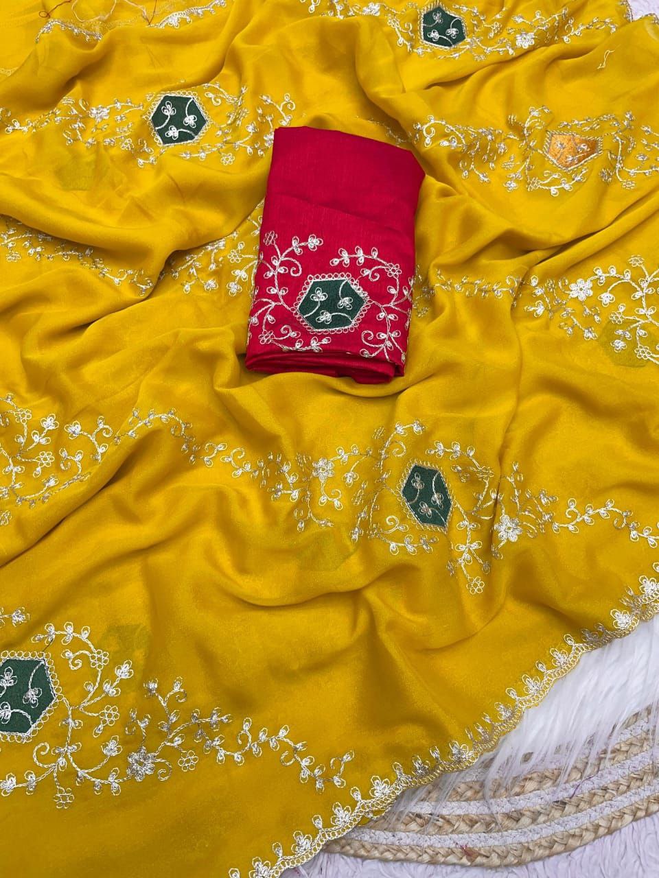 New Designer Blooming Chocolate Silk Saree - Yellow
