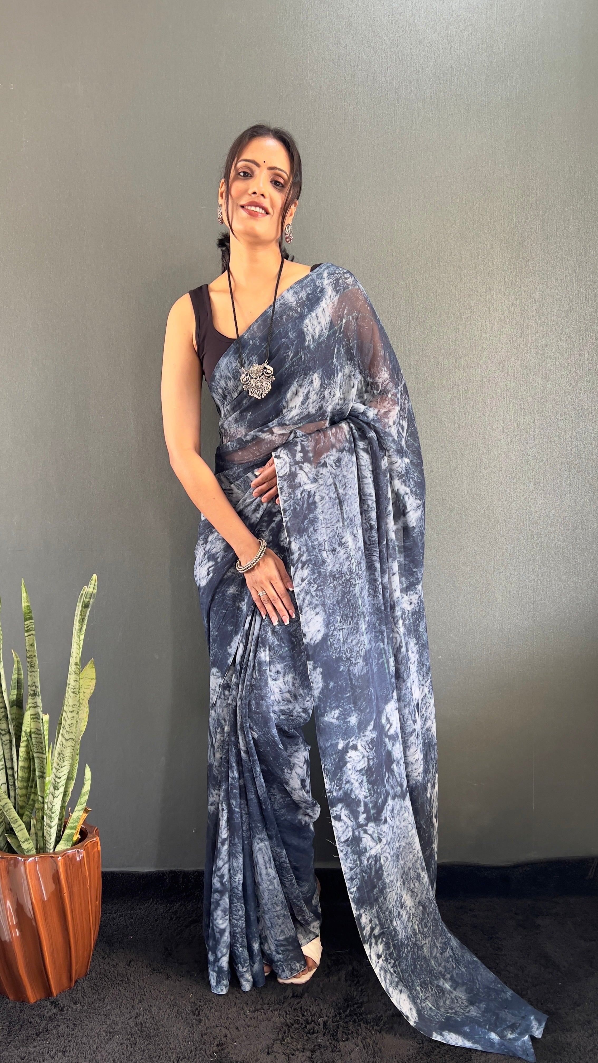 Adita One Minute Ready To Wear Navy Blue Saree With Unstiched Blouse