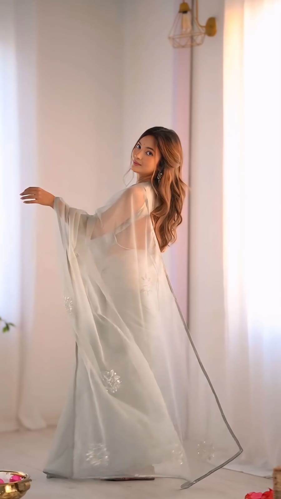 New One Minute Ready To Wear  Pure Soft Organza Silk Grey Saree With Beautiful Moti and Cutdana Handwork With Stiched Blouse