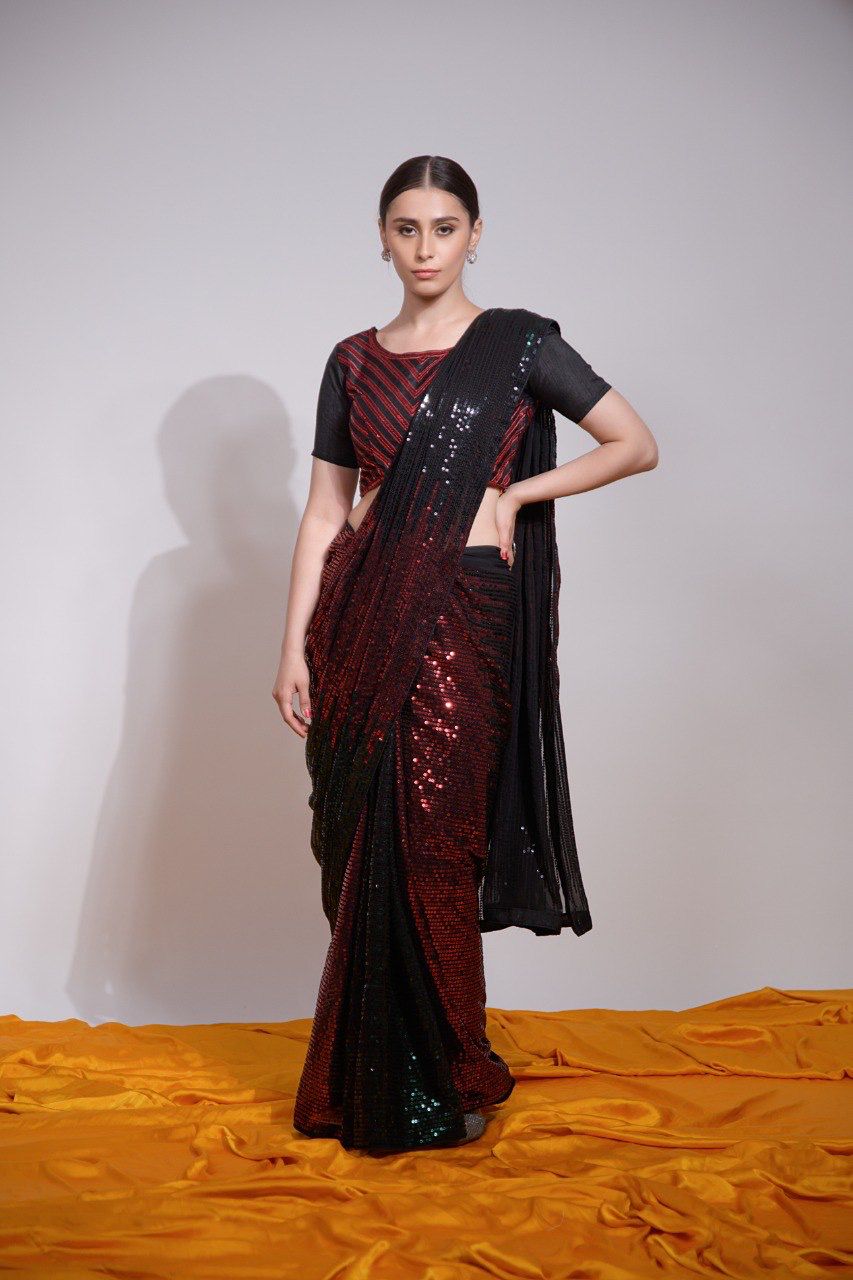 New Designer Heavy Georgette Red And Black Sequins Embroidery Worked  Saree With Embroidery Worked Satin Banglori Unstiched Blouse Piece