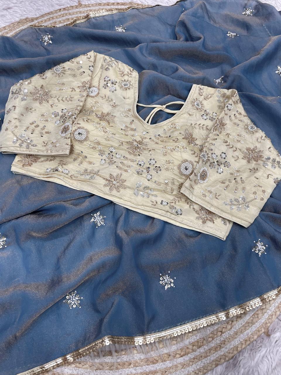 New Designer NC Moss Sattin Saree With All Over Birts Sequence Butti Work - Blue