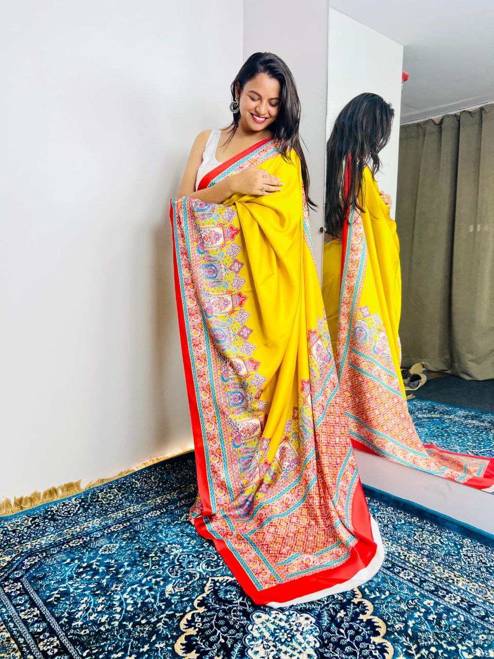 New Designer Premium Ajrakh Printed yellow Satin Saree