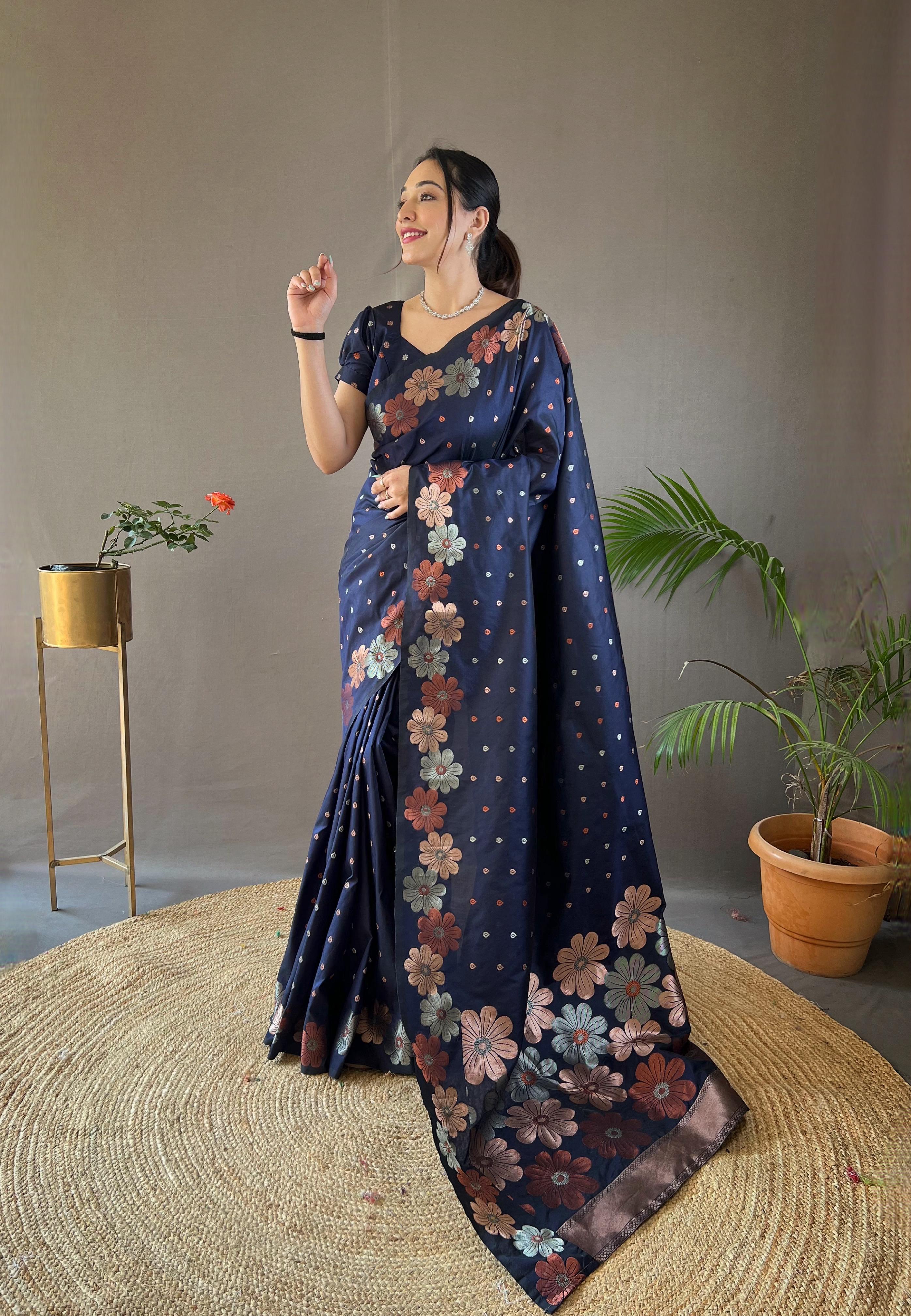 New Designer Pure Soft Silk Navy Blue Saree With Copper and Gold Weaving All Over Saree With Running Unstiched Blouse Piece