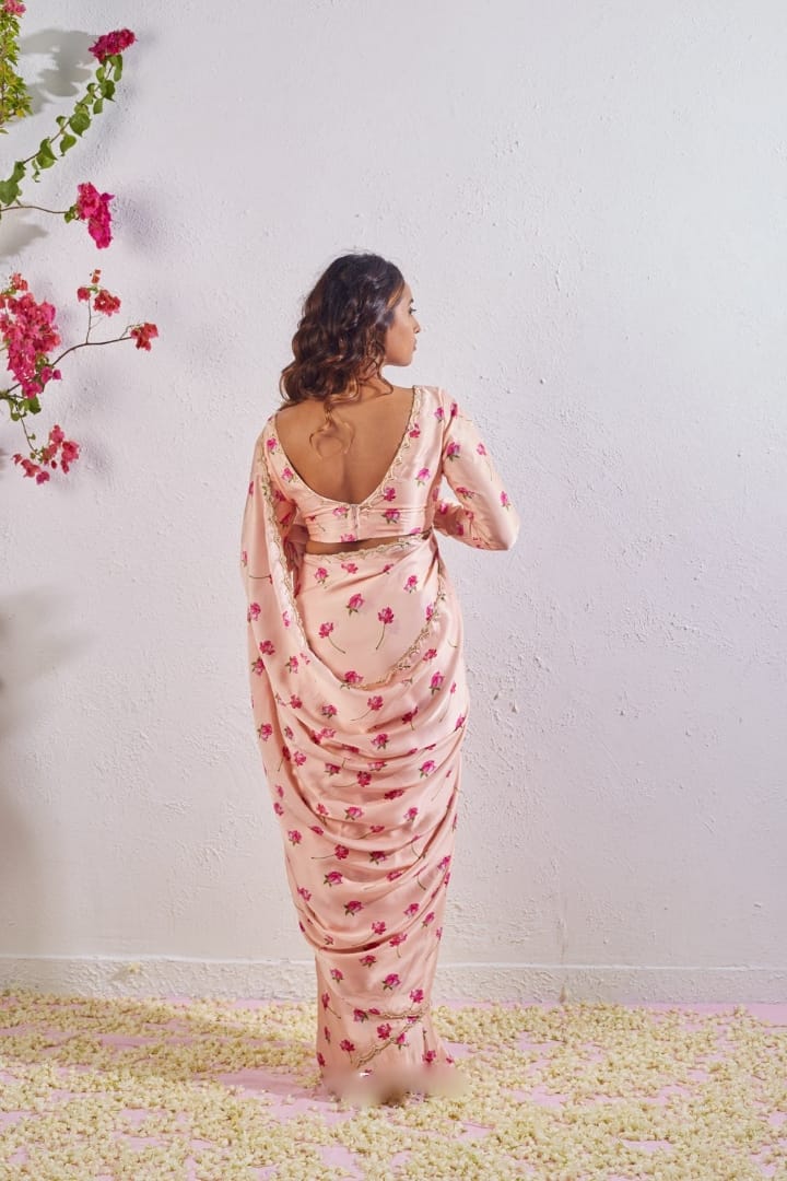 New One Minute Ready To Wear  Pure Soft Satin Silk Beautiful Flower Digital Printed Saree With Cutdana And Moti Handwork With Same Model long Sleeve Stiched Blouse