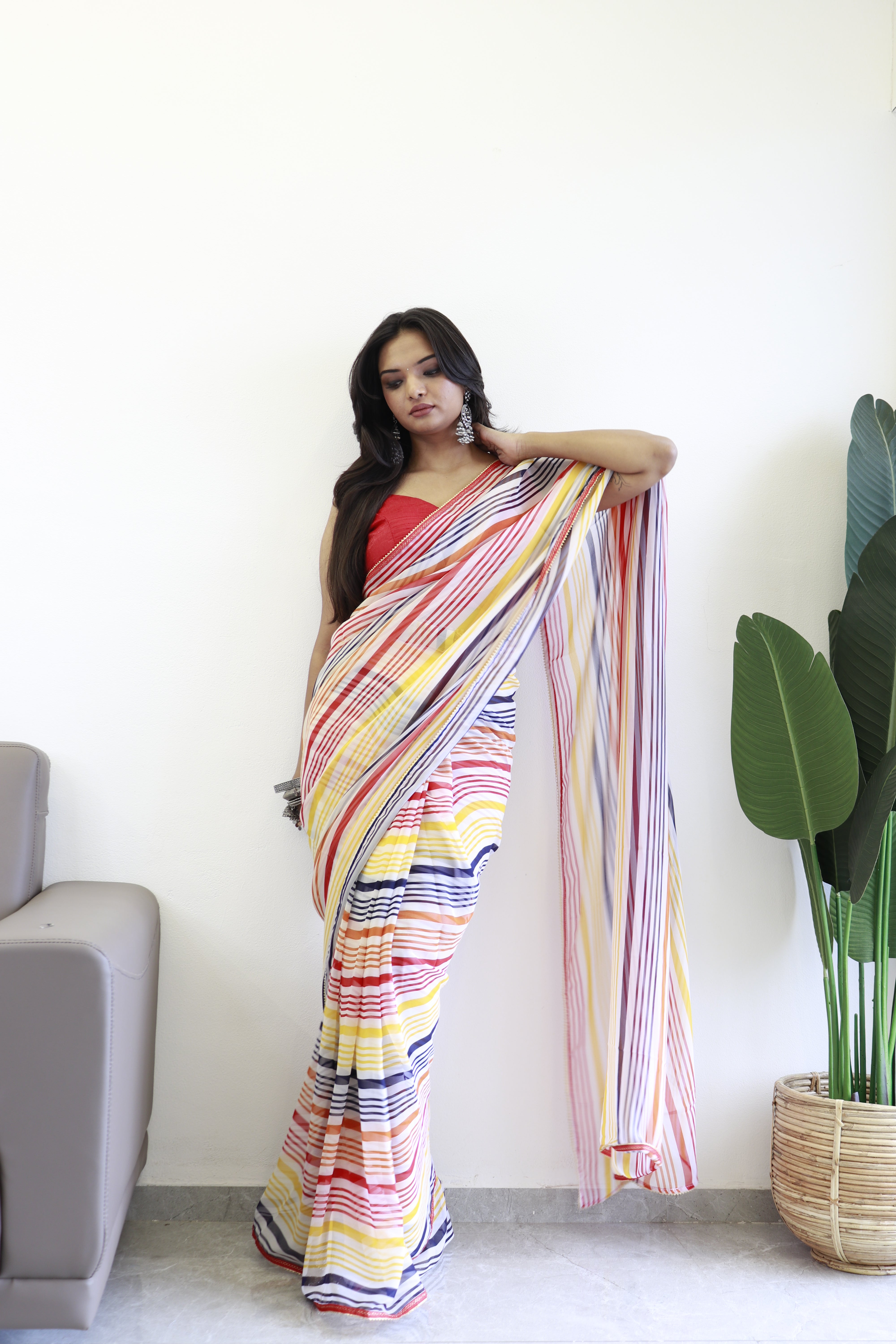 New One Minute Ready Wear Yellow Multicolor Strip Saree