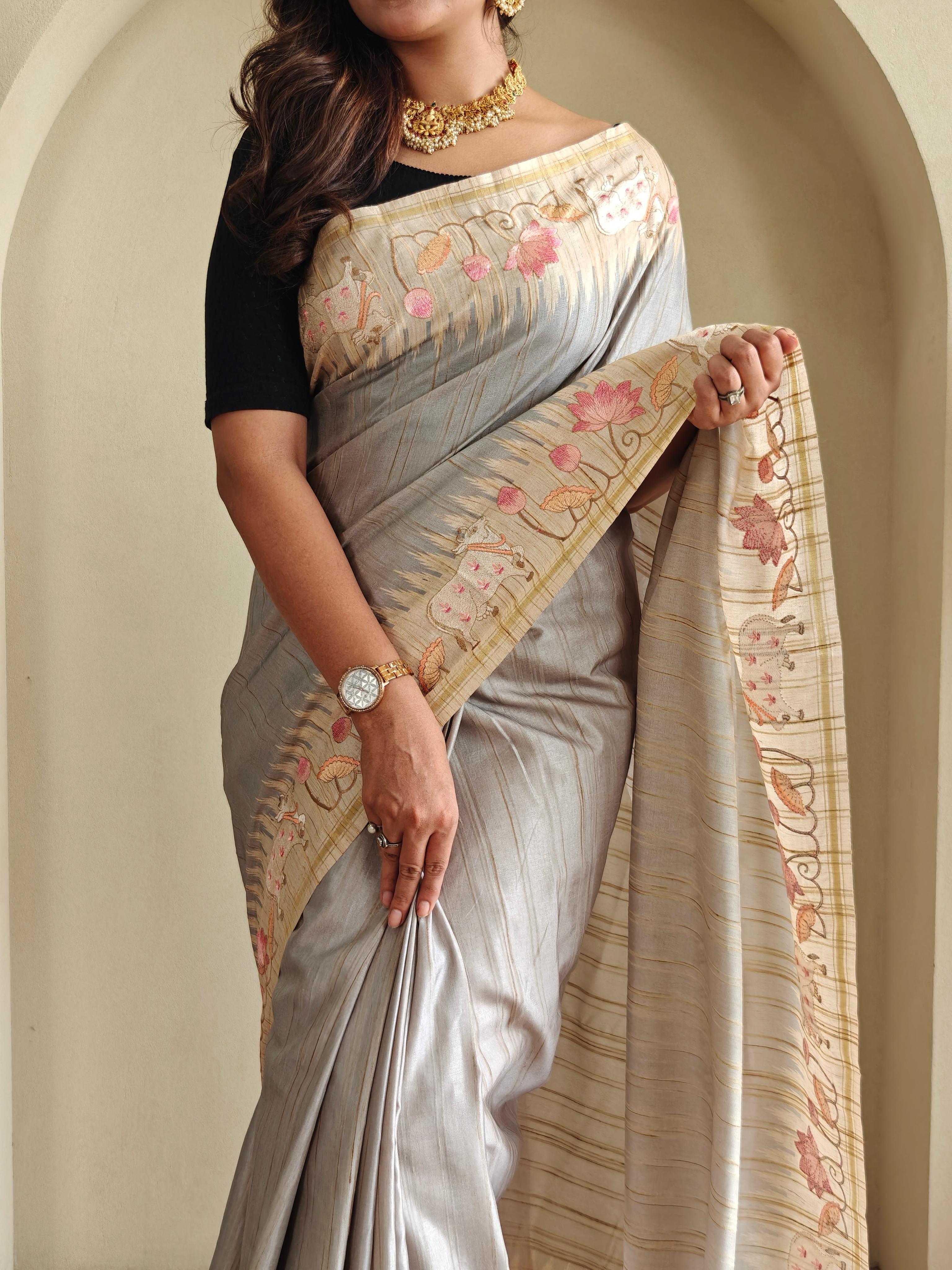 New Designer Premium Pure Loom Tusser Grey Saree With All Over Pichwai Style Embroidery Pattern and Pallu With Tassles Along With Unstiched Blouse Piece