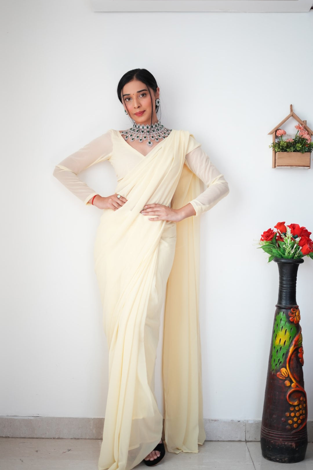 New One Minute Ready Wear Pastel Yellow Georgette Saree