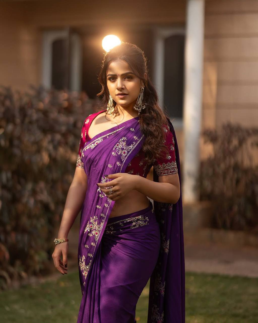 New Designer Natural Chinnon Purple Saree With Coding Sequence Embroidery Work
