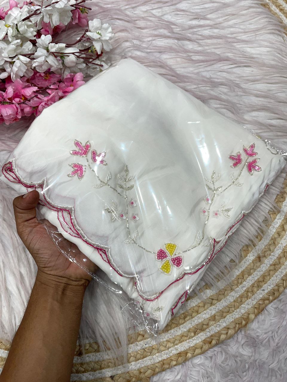 New Designer HO Silk Saree With Arco Border Cutdana Hand Work - White