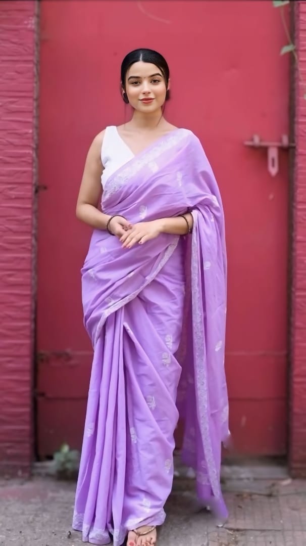 New One Minute Ready To Wear  Pure Soft Mul Cotton Silk Lavender Saree With  Pocket Along With Running Unstiched Blouse Piece