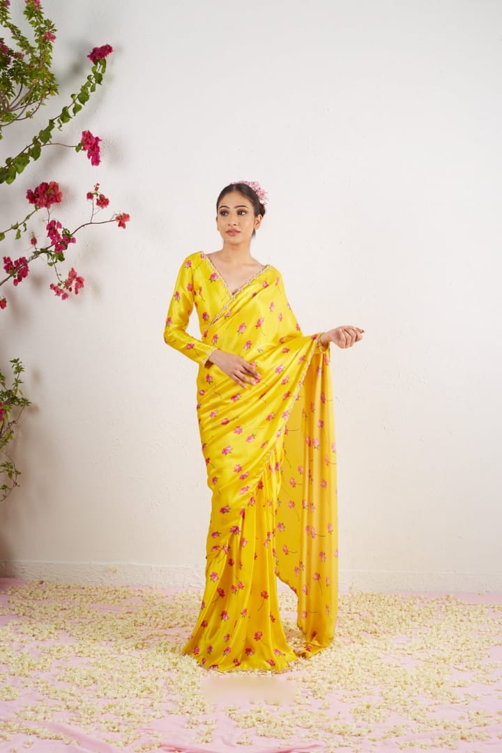 New One Minute Ready To Wear  Pure Soft Satin Silk Beautiful Flower Digital Printed Saree With Cutdana And Moti Handwork With Same Model long Sleeve Stiched Blouse