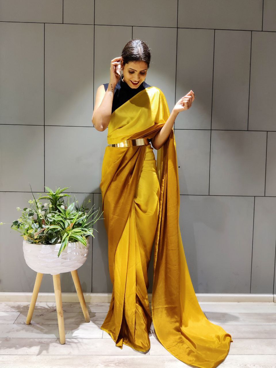New One Minute Ready Wear Dual Yellow Tone Georgette Saree