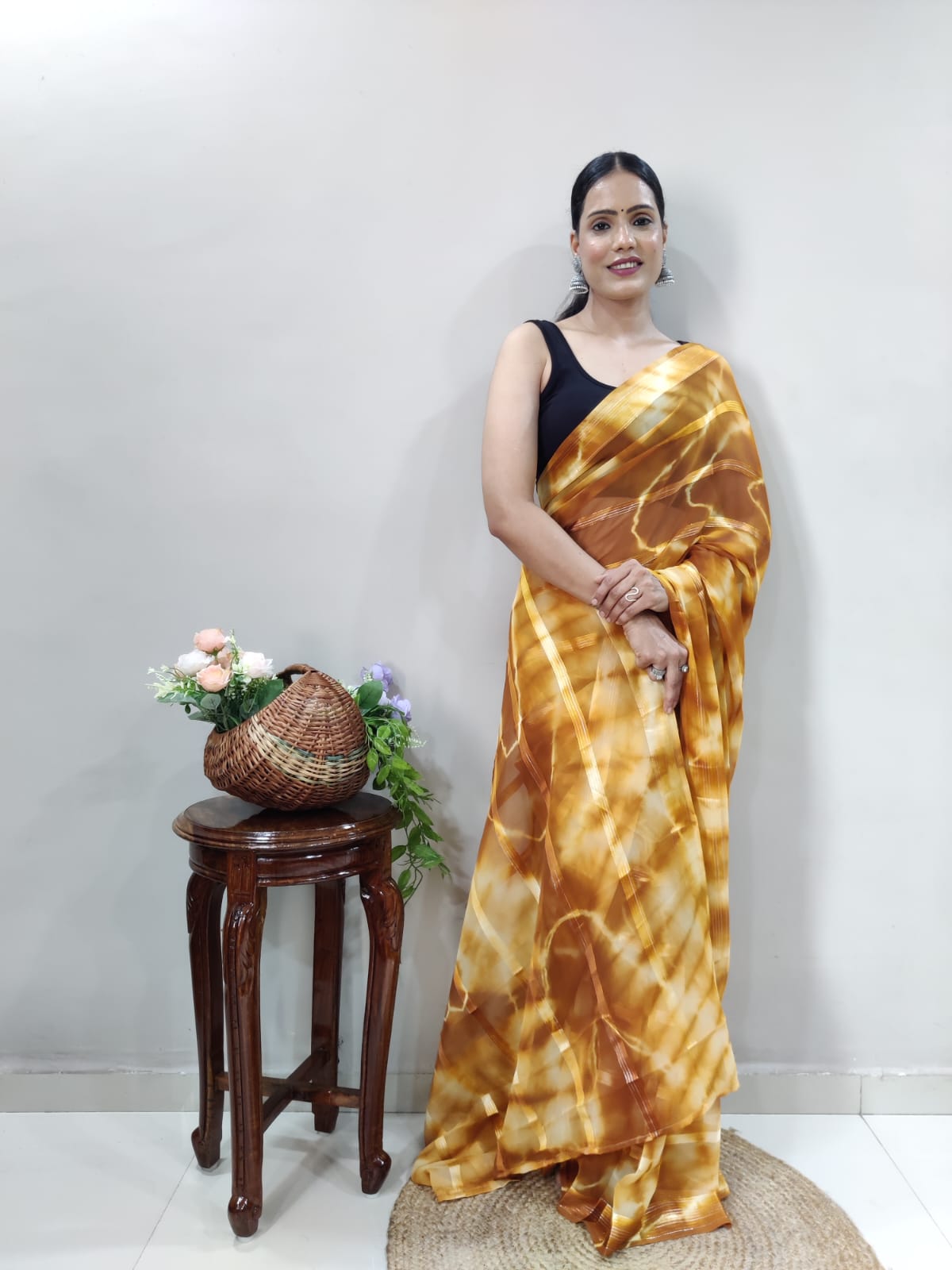 New One Minute Ready Wear Yellow Bandhani Georgette Saree