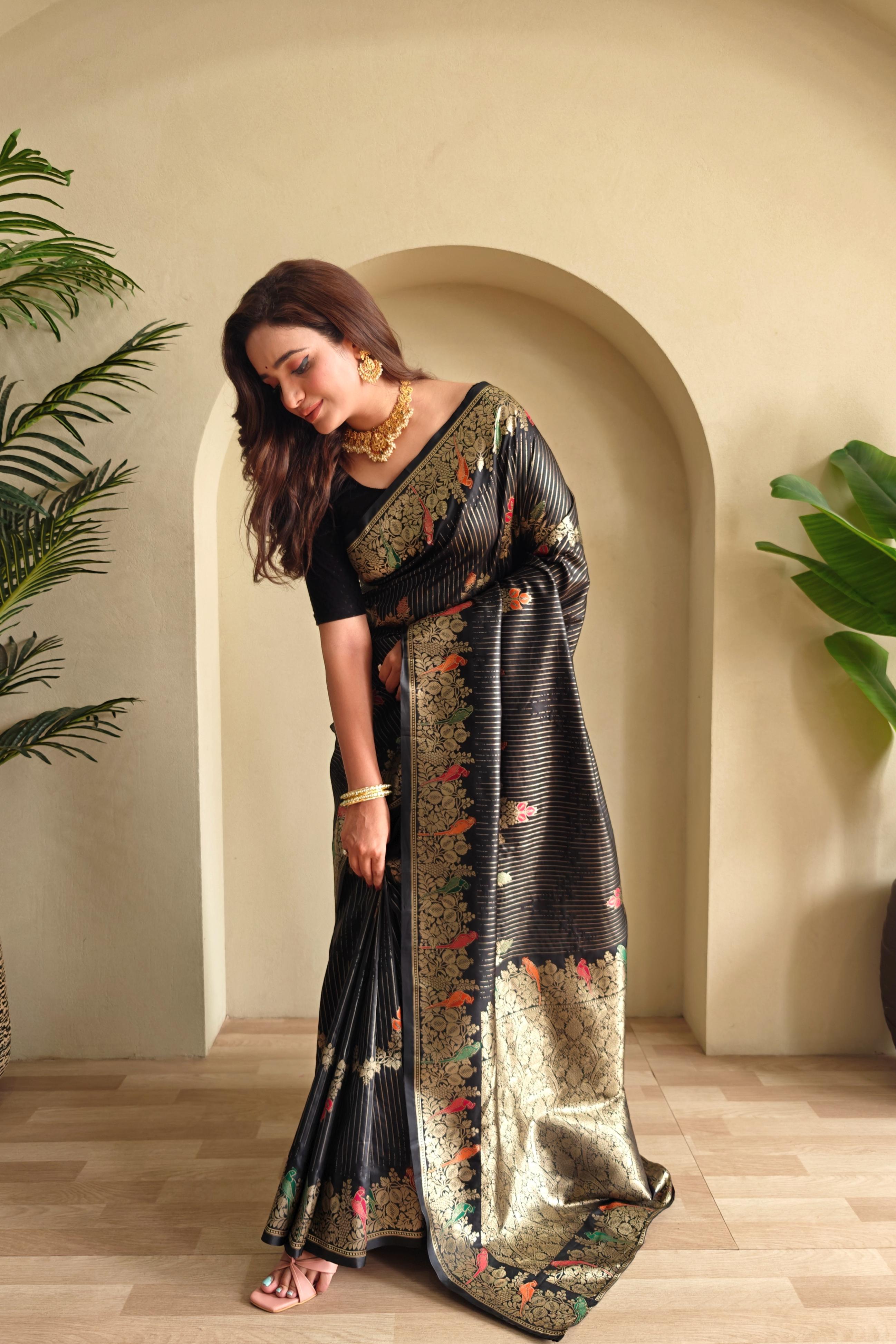 New Designer Banarasi Mushro Satin Silk Zari Weaved Black Saree With Unstiched Blouse Piece
