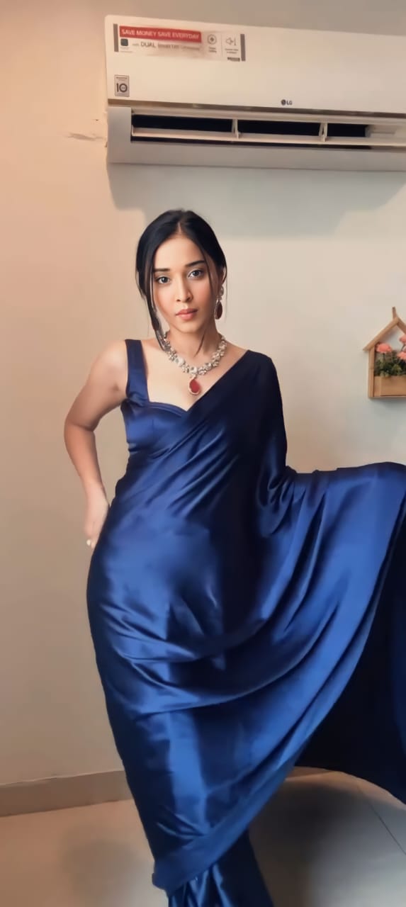 New One Minute Ready Wear Blue Satin Saree