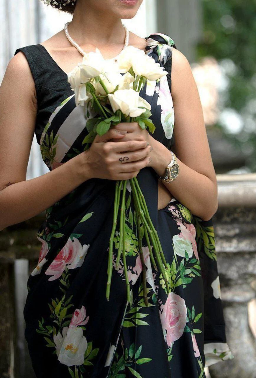 New Designer Original Japan Satin Leaf Rose Flower Printed Black Saree With Digital Printed Unstiched Blouse Piece