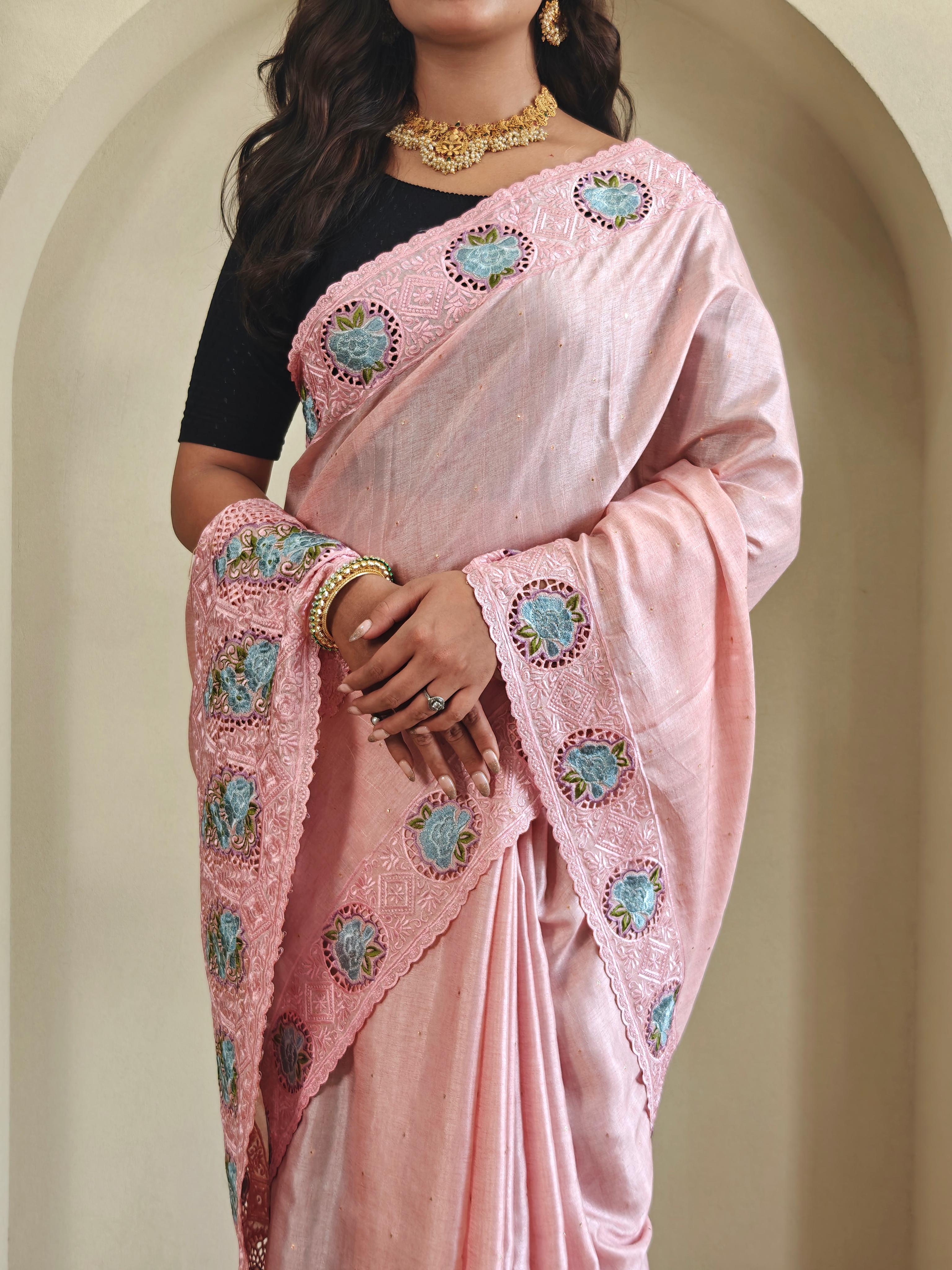 New Designer Soft Tussur Silk Pastel Pink With Super Fine Embroidered Pattern With Running Unstiched Blouse Piece