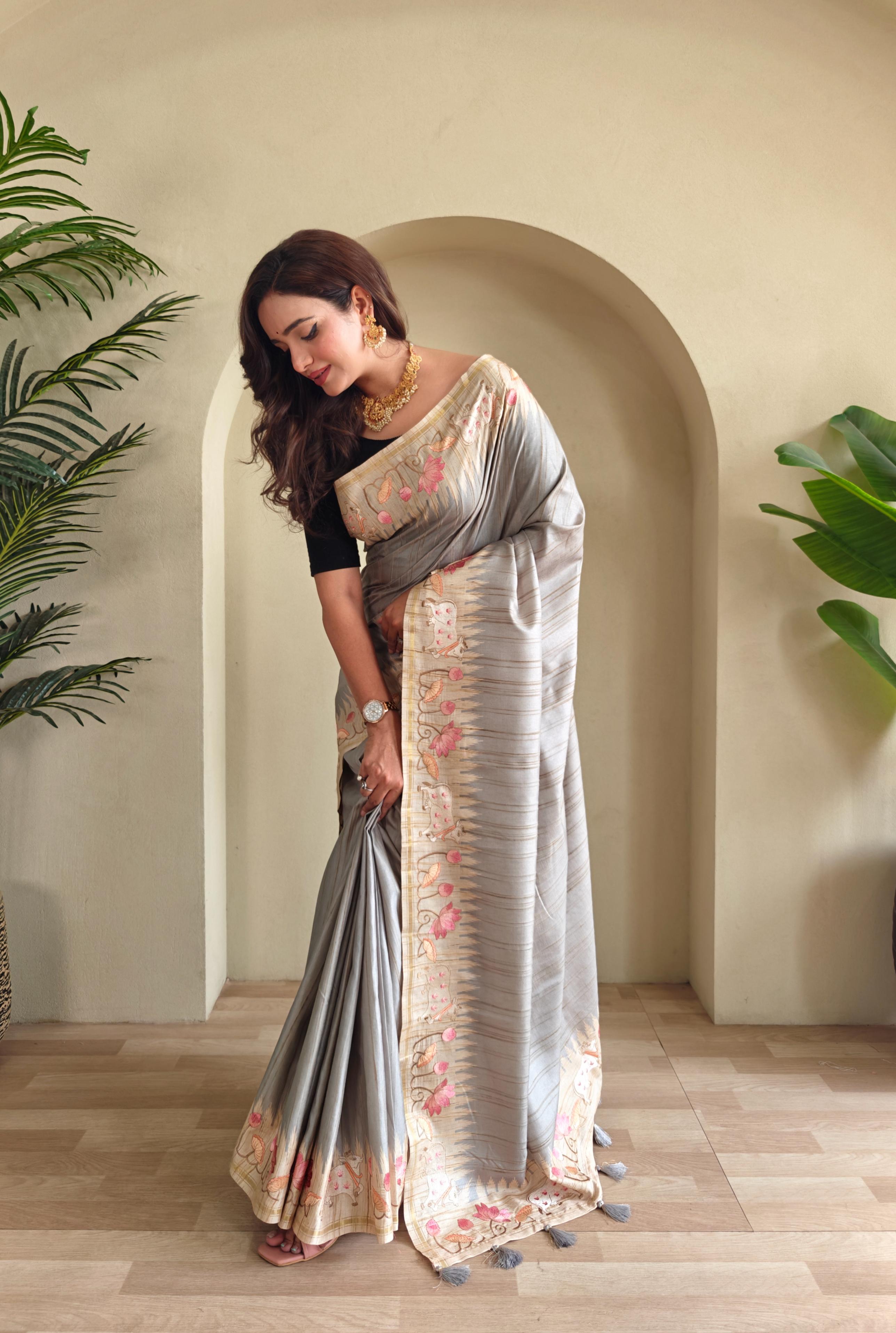 New Designer Premium Pure Loom Tusser Grey Saree With All Over Pichwai Style Embroidery Pattern and Pallu With Tassles Along With Unstiched Blouse Piece