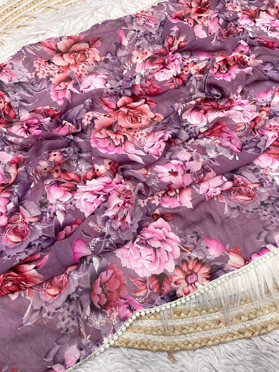 New Designer Digital Foral Printed Georgette Saree - Purple