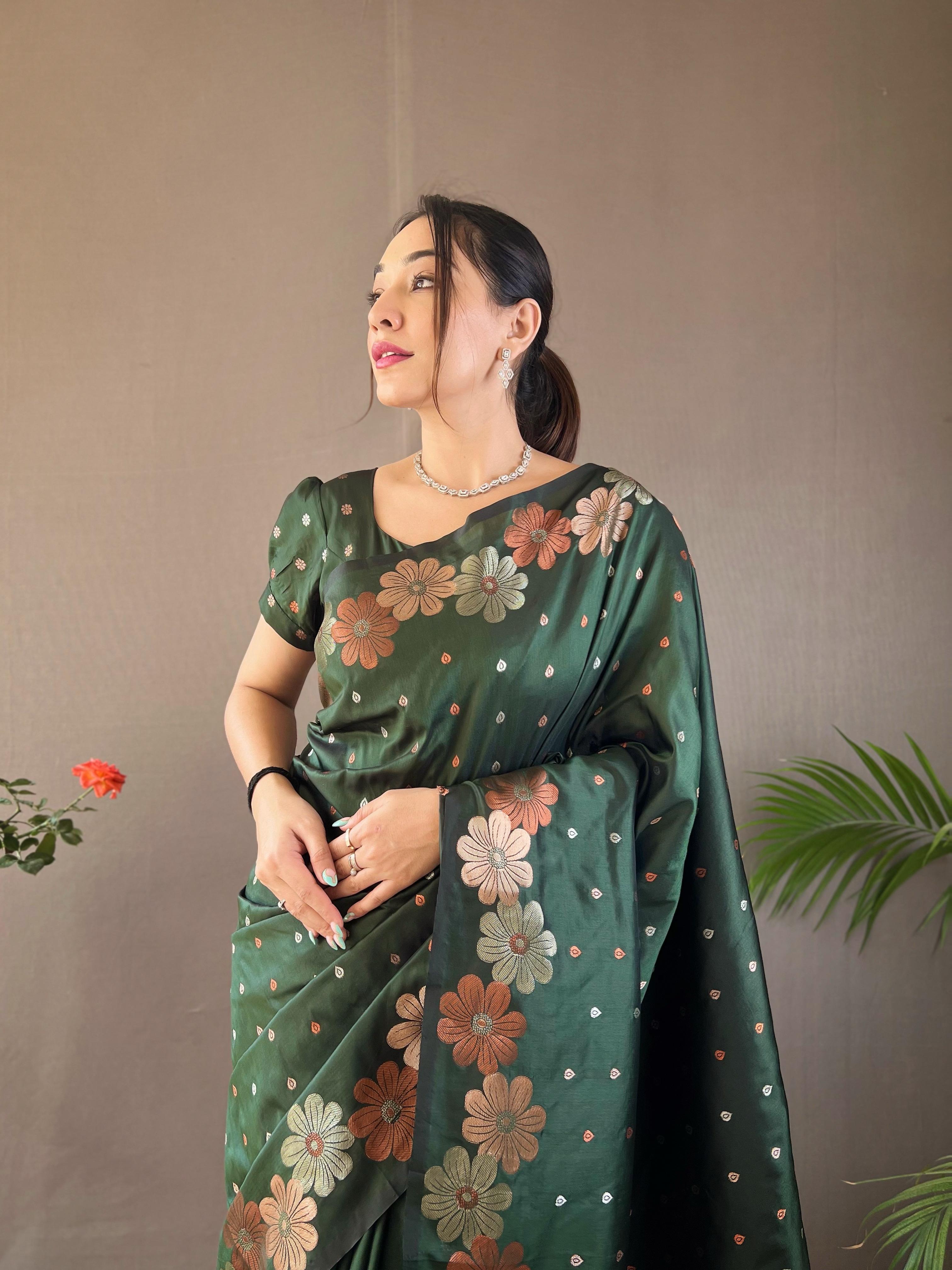 New Designer Pure Soft Silk Dark Green Saree With Copper and Gold Weaving All Over Saree With Running Unstiched Blouse Piece