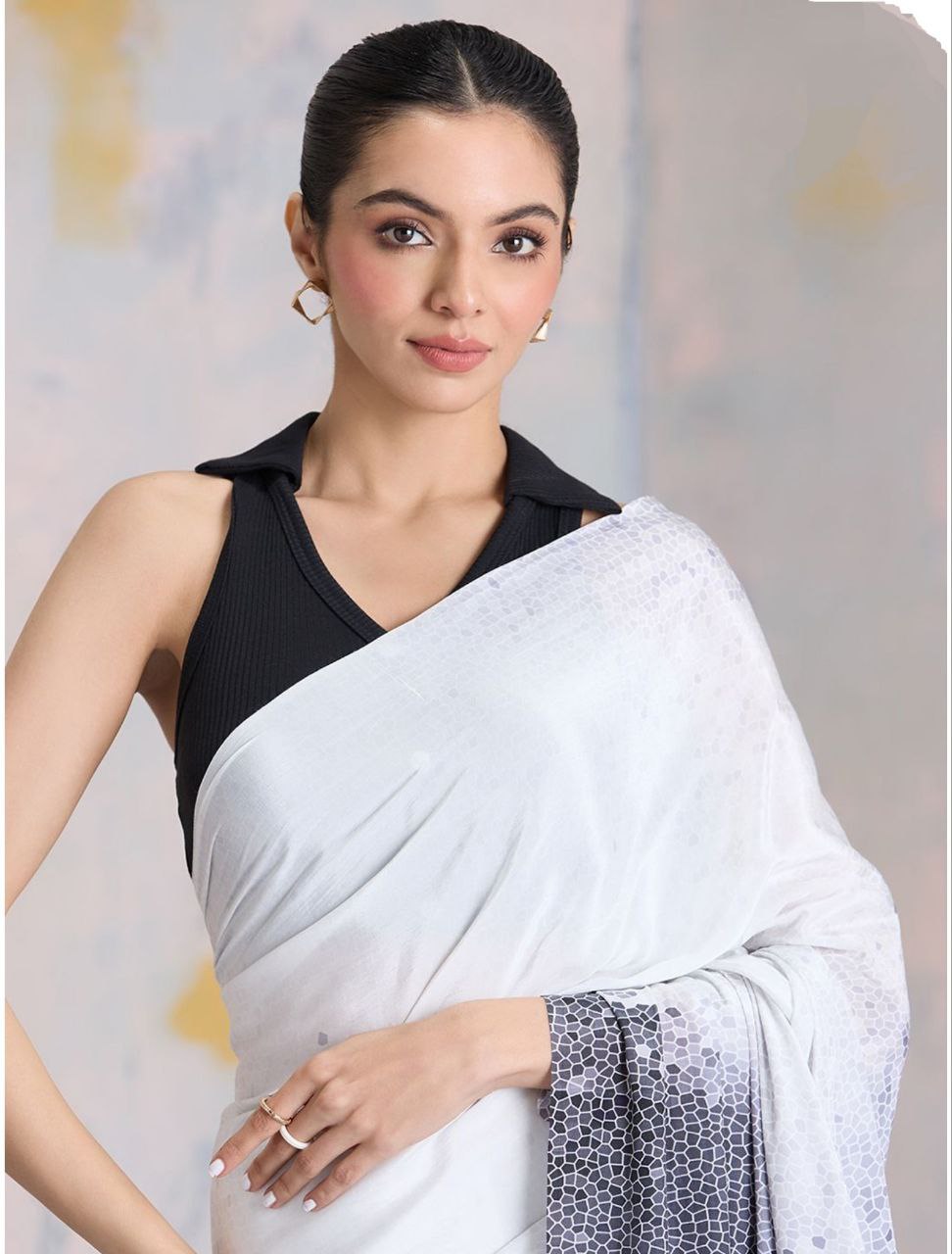 New Designer Premium Party Wear Digital Printed White-Grey Saree